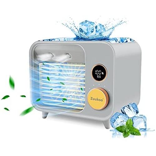 Portable Air Cooler, ZUUKOO Mobile Air Conditioner, Evaporative Cooler, Humidifier, USB Rechargeble Desk Fan With 5 Adjustable Speeds,300ml Water Tank, LED Night Light for Home,Office,Dorm,Camping
