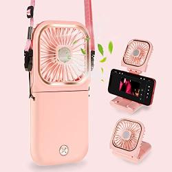 Portable Personal Fan Small Neck Fan for Women Mini Desk Fan USB Rechargeable Handheld Fan Used as a Power Bank and Phone Stand for Travel Indoor Outdoor (Pink)