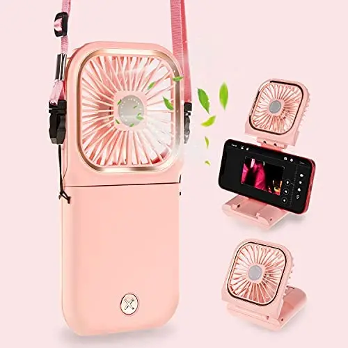 Portable Personal Fan Small Neck Fan for Women Mini Desk Fan USB Rechargeable Handheld Fan Used as a Power Bank and Phone Stand for Travel Indoor Outdoor (Pink)