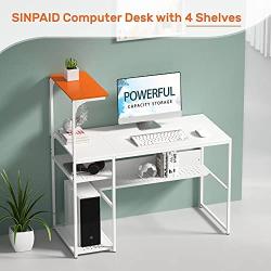 SINPAID White Computer Desk with 4-Tier Reversible Storage Shelves, 40 inch Large Home Office Laptop Study Writing Table Workstation, Modern Simple Desk with Bookshelf, Orange