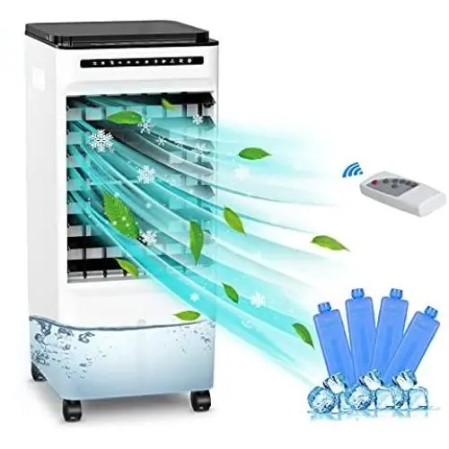 Portable Evaporative Air Cooler, 65W Air Conditioner with 3 Modes, 3 Fan Speeds, LED Display, Remote Control, 7H Timer, 5L Water Tank and Ice Pack
