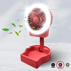 Desk Small Fan with Fill Light, USB Rechargeable, 3 Speeds 2 Brightness Setting Foldable Portable Table Mini Fan, Bright Quiet Operation, Long Lasting for Home Office Car Outdoor Travel(Red)