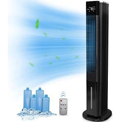 Sunday Living Evaporative Air Cooler, 2-in-1 Tower Fan w/Cooling & Humidification, 1.3 Gal Water Tank, 3 Wind Modes & 3 Speeds, Cooling Fan, Remote & Panel Control, 12-H Timer, 4 Ice Boxes (Black)