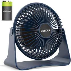 BESKAR 10000mAh Rechargeable Battery Operated Small Table Fan, 6-Inch Personal Quiet Fan with 36Hrs Long Working Time, 3 Speeds & Strong Airflow, Mini USB Desk Fan for Office Bedroom Home