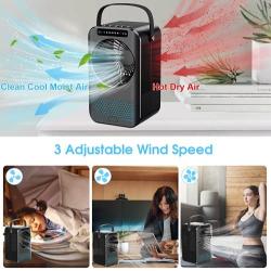 Nuaer Portable Air Conditioner, Air Cooler with 600ML Water Tank, Desktop Air Conditioning Fan with 7 Colors Lights & LED Display, 2/4Timer, 3 Speeds, Suitable for Bedroom, Office and Home