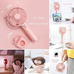 Mini Handheld Fan,Quiet Personal Portable Fan with 3 Speed, Small Desk Fan with USB Rechargeable Battery, Multifunction USB Fan with Night Light,Table Fan With Base to Put the Phone,for Outdoor,Travel, School, Home, Office (Pink)