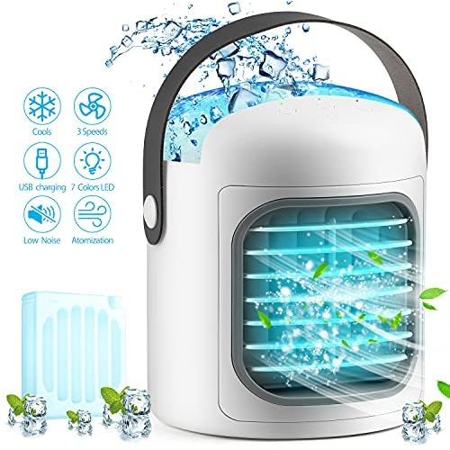 Portable Air Conditioner 4 in 1 Personal Air Cooler Fan with 4 Ice Tray USB Rechargeable Mini Quiet Evaporative Humidifier Fan with 7 LED Light Battery Operated 3-Speed Desktop Cooler for Home/Office