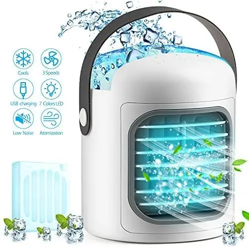 Portable Air Conditioner 4 in 1 Personal Air Cooler Fan with 4 Ice Tray USB Rechargeable Mini Quiet Evaporative Humidifier Fan with 7 LED Light Battery Operated 3-Speed Desktop Cooler for Home/Office
