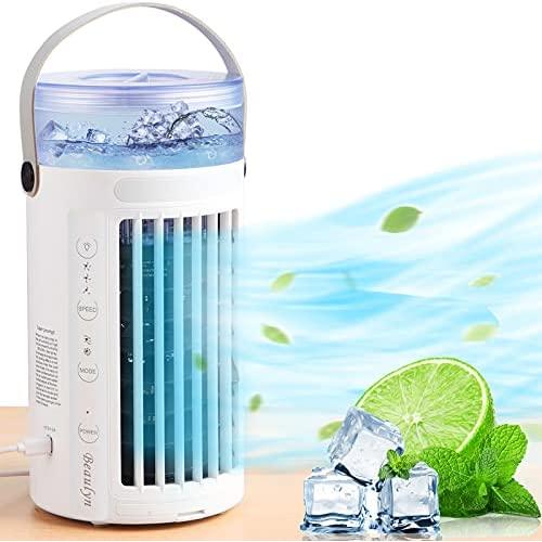 Portable Air Quiet Fan, Personal Mini Evaporative Cooler Fan with 8 Colors LED Light, 2 Fans and 3 Speeds, Small Desktop Cooling Humidifier Fan for Bedroom, Outdoor...