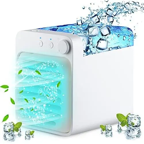 Portable Air Conditioner, Mini Personal Rechargeable Evaporative Air Cooler USB Quiet Desktop Cooler Fan with 2 Ice Crystal Box 3 Fan Speeds, Blue LED Night Light Function for Home, Office and Room