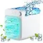 Portable Air Conditioner, Mini Personal Rechargeable Evaporative Air Cooler USB Quiet Desktop Cooler Fan with 2 Ice Crystal Box 3 Fan Speeds, Blue LED Night Light Function for Home, Office and Room