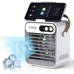 SHANDII Portable Air Conditioner, Mini Evaporative Cooler, Personal Table Fan with Cell Phone Stand/Holder, 3 Speeds 2400 mAh Battery, for Room and Office, F80