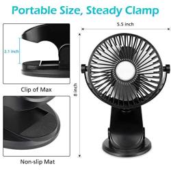 Clip on fan, Stroller Fan for Baby, Mini USB Portable Fan for Bed, Travelling with Rechargeable 2500mA Battery 360° Rotation