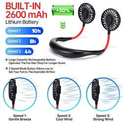 Portable Hanging Neck Sports Fan - 2600mAh Led Light Hands Free USB Rechargable Personal Wearable Neckband Fans Battery Operated 3 Level Air Flow Mini Necklace Fan Headphone Design Cooling Around Head fan for Camping