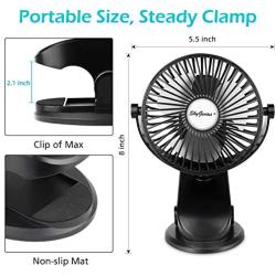 SkyGenius Battery Operated Stroller Fan, Rechargeable USB Powered Mini Clip on Desk Fan