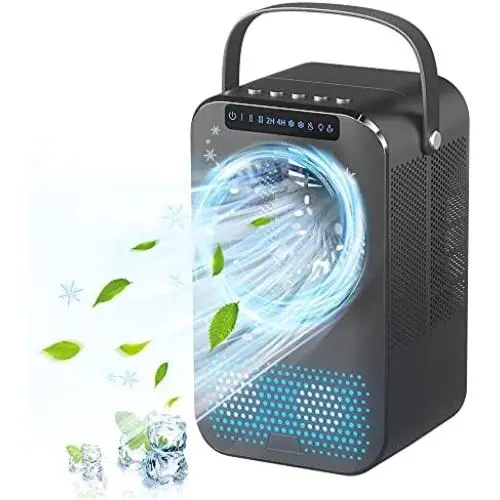 Nuaer Portable Air Cooler, Quiet Desktop Cooling Fan, Mini Evaporative Air Conditioner Fan with 2/4H Timer, 3 Speeds, 7 Colors LED Light for Room, Home, Office