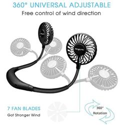 AngLink Hanging Personal Portable Neck Fan, Hands Free Rechargeable Mini USB Battery Operated Fan with 3 Speed, 360° Free Rotation, 7 Colors of LED Light for Home Office Pets Indoor Outdoor, Black