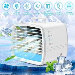 Portable Air Conditioner Fan,Personal Evaporative Air Cooler,Quiet USB Mini Desk Cooling Fan Air Humidifier Misting Fan-3 Speeds,7-Color LED Light,480ML Water Tank For Room Home Office Outdoor Camping