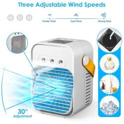 Portable Air Conditioner Fan, Personal Evaporative Air Cooler Quiet Desk Fan with Handle, Rechargeable Humidifier Misting Fan with 7 Colors Light, 3 Speeds & 3 Spray Modes for Room Office Home Travel