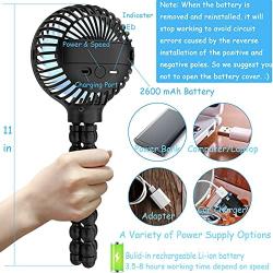 Mini Handheld Stroller Fan, 2600mAh Mini Handheld Portable Fan, Personal Portable Fan Baby Car Seat Mini Fan with Flexible Tripod Fix on Stroller, USB or Battery Powered Desk Fan Adjustable 3 Speeds