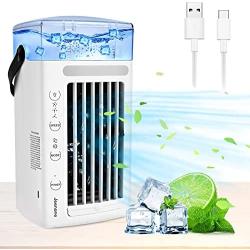 Jeenone Portable Air Conditioner Fan, 5 in 1 USB Personal Evaporative Air Cooler with 3 Speeds, Personal Air Conditioner with 8 Colors Light Humidifier Misting Fan for Office, Home, Travel