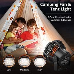 Camping Fan with LED Lights for Tent, Camping Ceiling Fan with Light, VOLUEX Portable Mini USB Desk Fan with Hanging Hook 5200mAh 3 Speeds and Remote Control for Outdoor Camping Travel Home Office