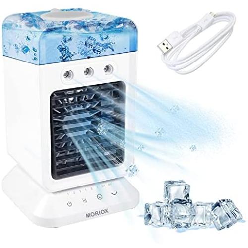 MORIOX Portable Air Conditioner Evaporative AC Cooler with Rechargeable Battery 3 Speed Fan with 3 Atomizing Humidifiers Oscillation & Timer for Home & Office & Car MORIOX Portable Air Conditioner Evaporative AC Cooler with Rechargeable Battery 3 Speed Fan with 3 Atomizing Humidifiers Oscillation & Timer for Home & Office & Car