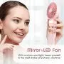 Mini Fan Handheld with LED Lights Adjustable, Portable Fan Rechargeable Quiet 3 Speed Mirror Fan, Small USB Hand Fan, Gift for Women Travel Outdoor Indoor Table Fan - Pink