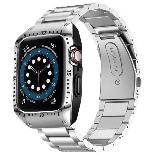 HATALKIN Compatible with Apple Watch Band 44mm Series 6 5 4 SE with Rugged Metal Bumper Case,Men Bands for Apple Watch SE/iWatch Series 6 5 4 44mm Stainless Steel Protective Cases Drop-Proof (Silver